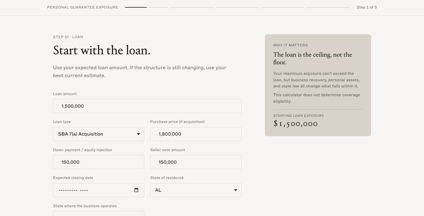 Screenshot of the Personal Guarantee Exposure calculator, showing the first step’s loan details form and live exposure estimate.